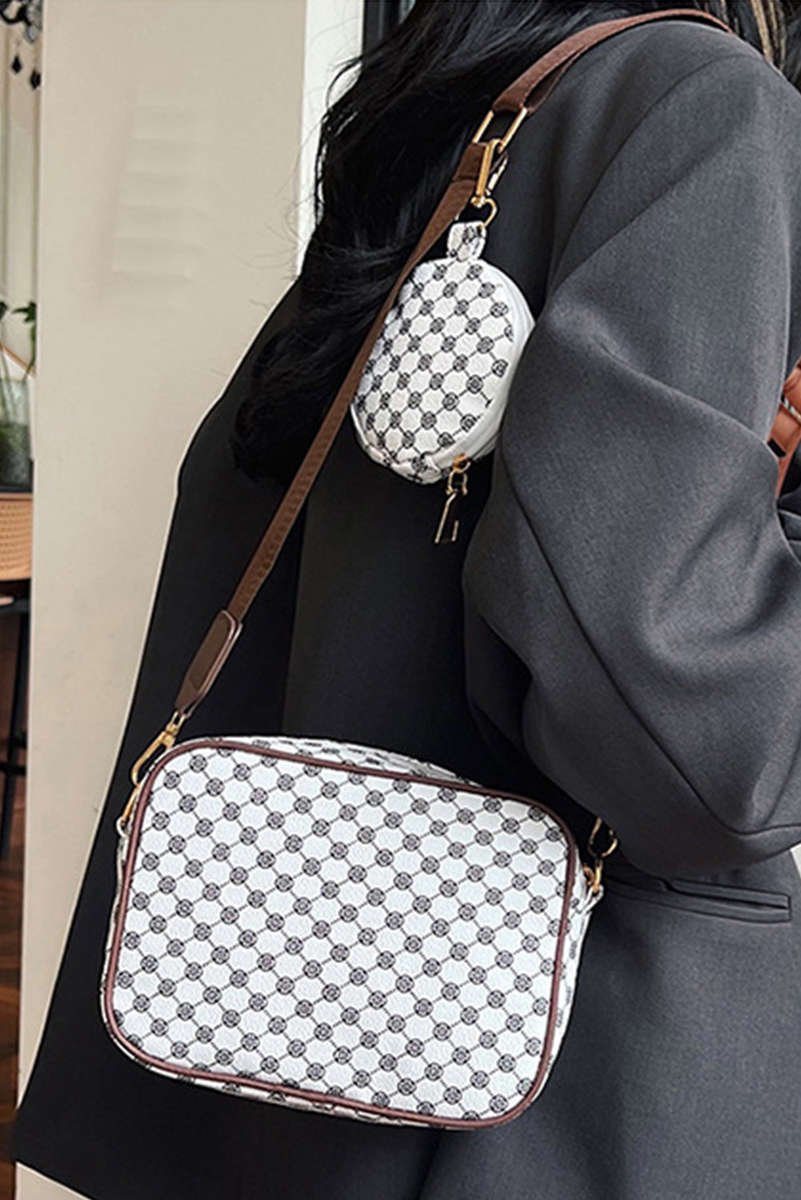 White Checkered Print PU Leather Shoulder Bag with Coin Wallet