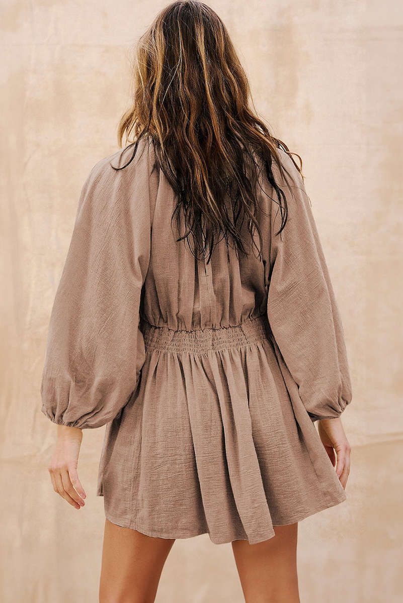 Smoke Gray Deep V Neck Bubble Sleeve Smocked Mini Dress