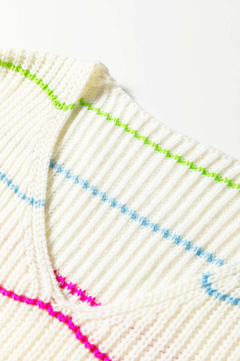 White Colorful Striped Detail V Neck Drop Shoulder Baggy Sweater