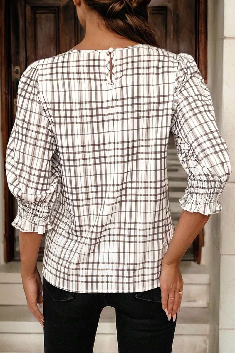 White Plaid Print Frilled Puffy Half Sleeve Blouse