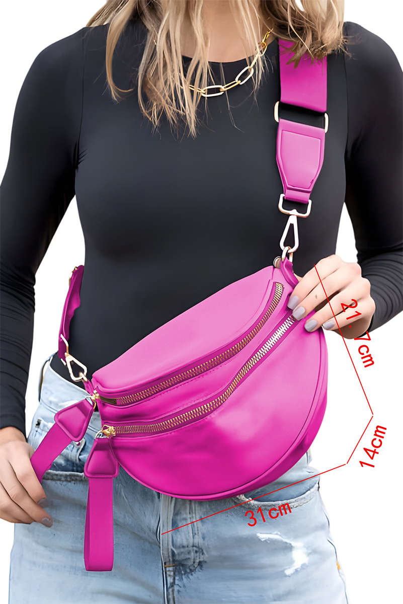 Bright Pink Double Zip Crescent Shape Adjustable Sling Bag