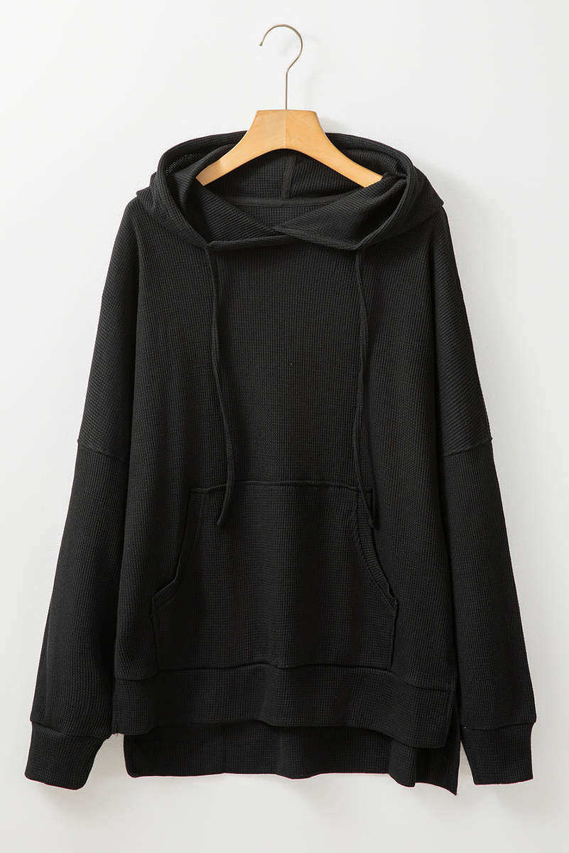 Black Waffle Knit Fleece Lined High Low Oversized Hoodie