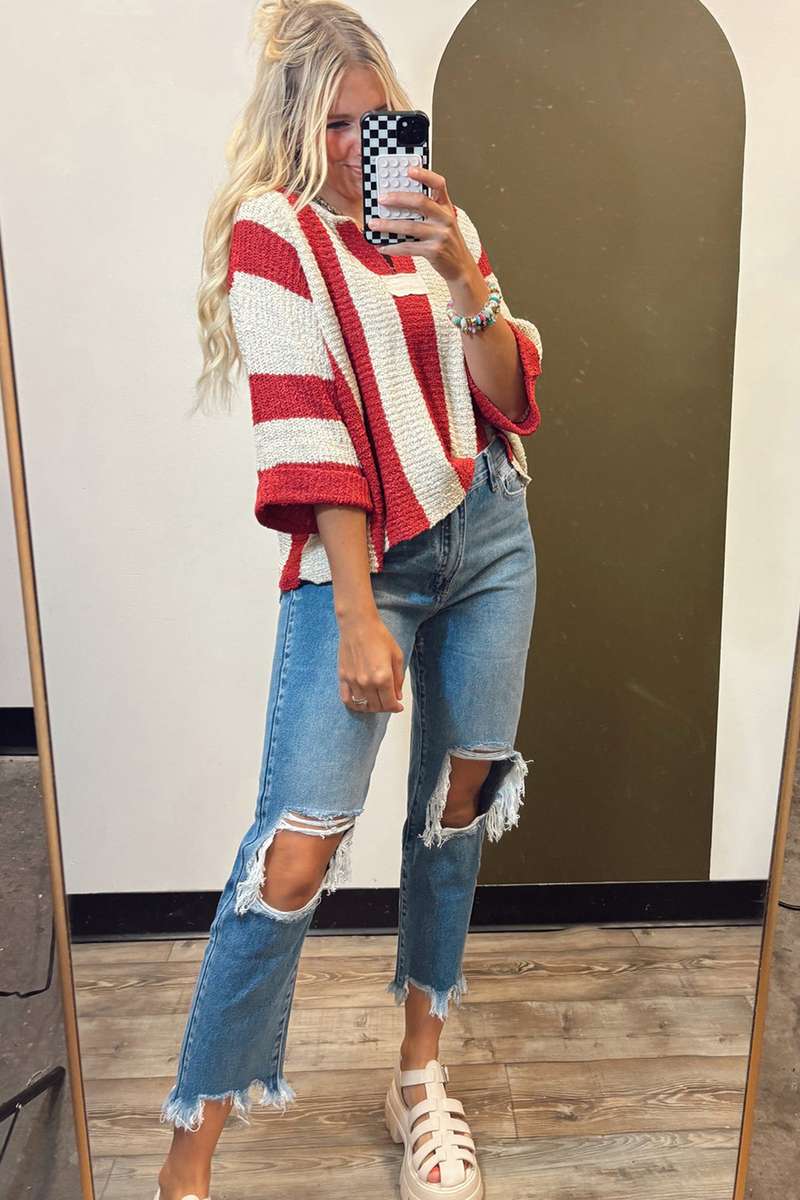 Red Stripe Colorblock V Neck Bracelet Sleeve Sweater