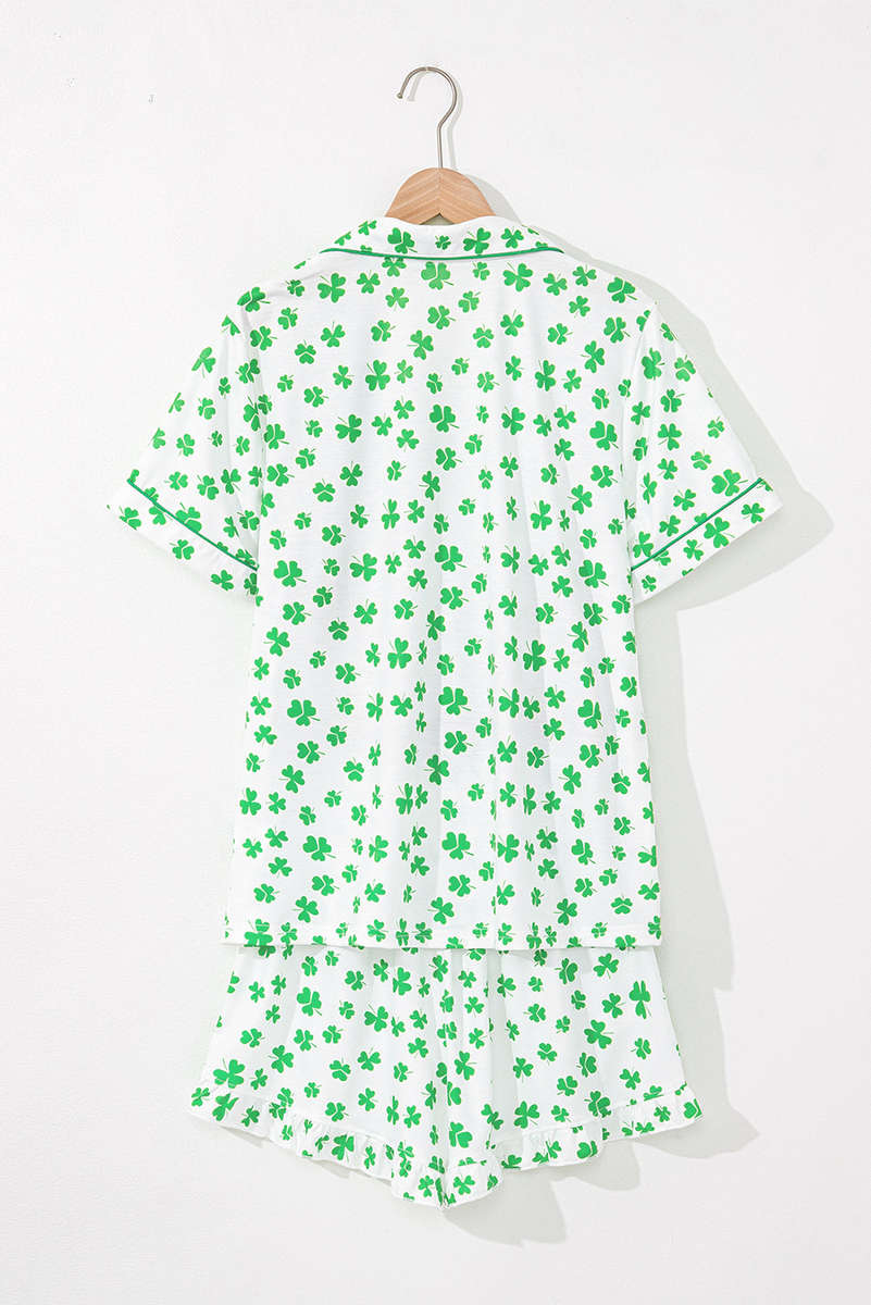Green Clover Printed Short Sleeve and Ruffled Shorts Pajama Set