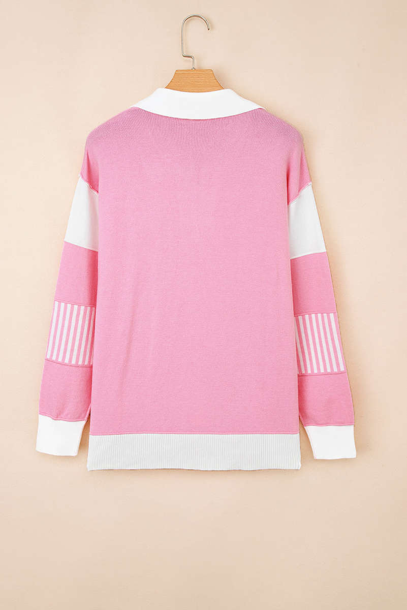 Pink Contrasting Polo Collar Color Block Knit Drop Shoulder Sweater