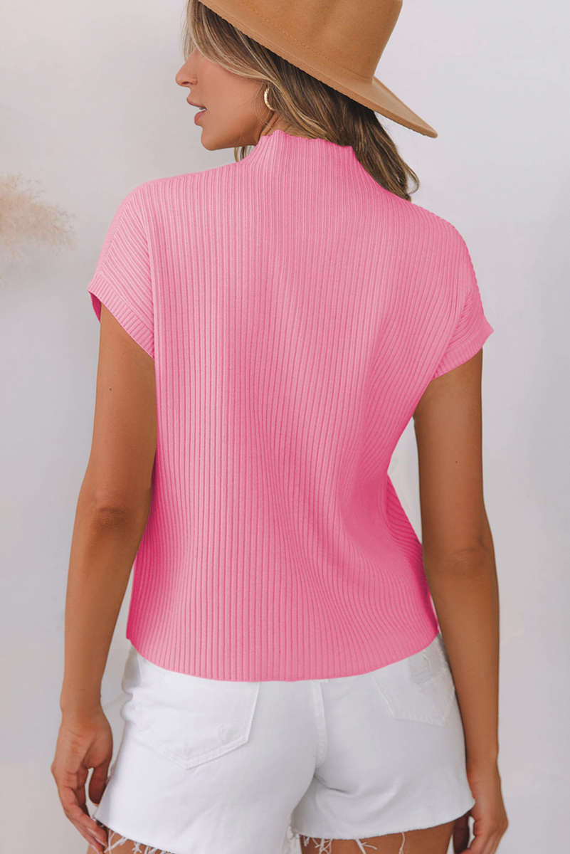 Pink Sequin Bunny Doll Graphic Ribbed High Neck Short Sleeve Sweater