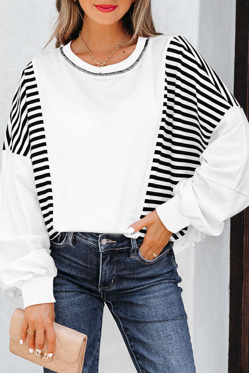 White Stripe Colorblock Patchwork Contrast Stitching Oversize Sweatshirt