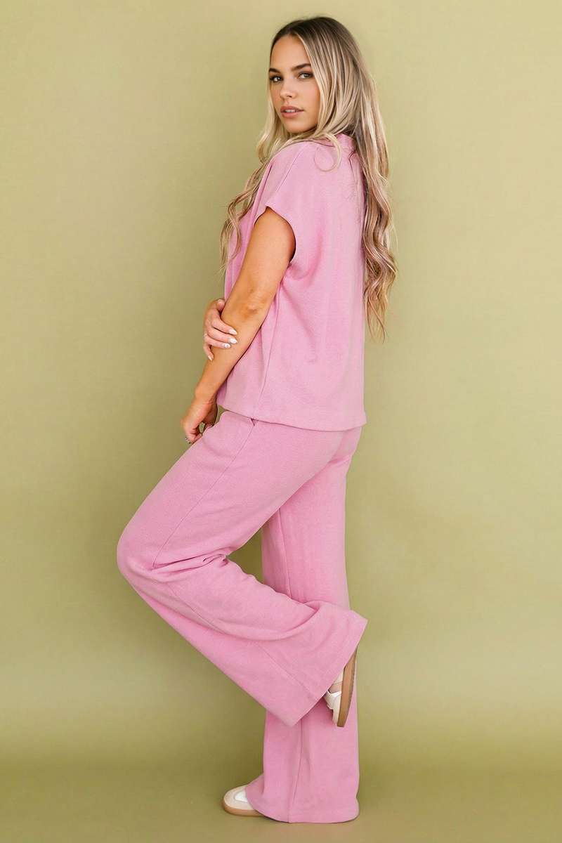 Pink Textured Knit High Neck Loose Tee Elastic Waist Loose Pant Set
