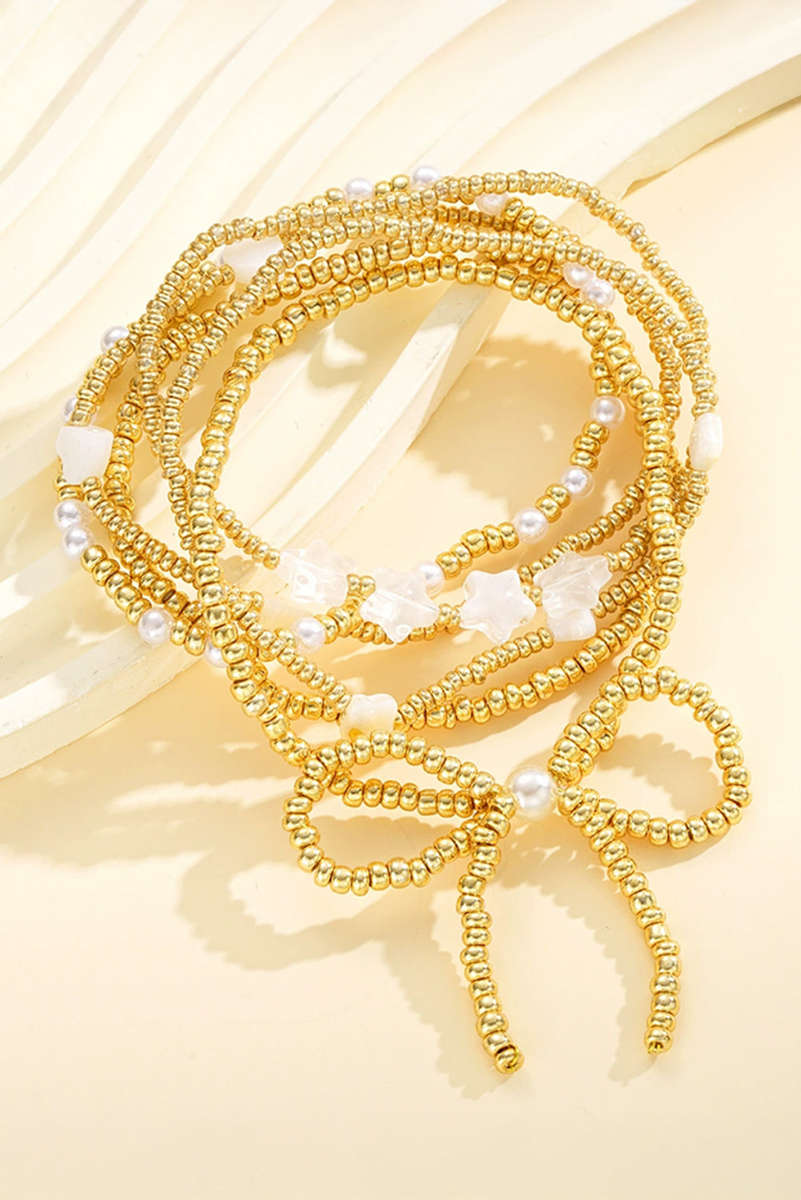Gold Bow Knot Star Heart Beaded Multi Layer Bracelet