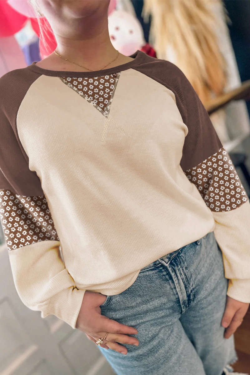Brown Floral Print Patchwork Color Block Long Sleeve Top