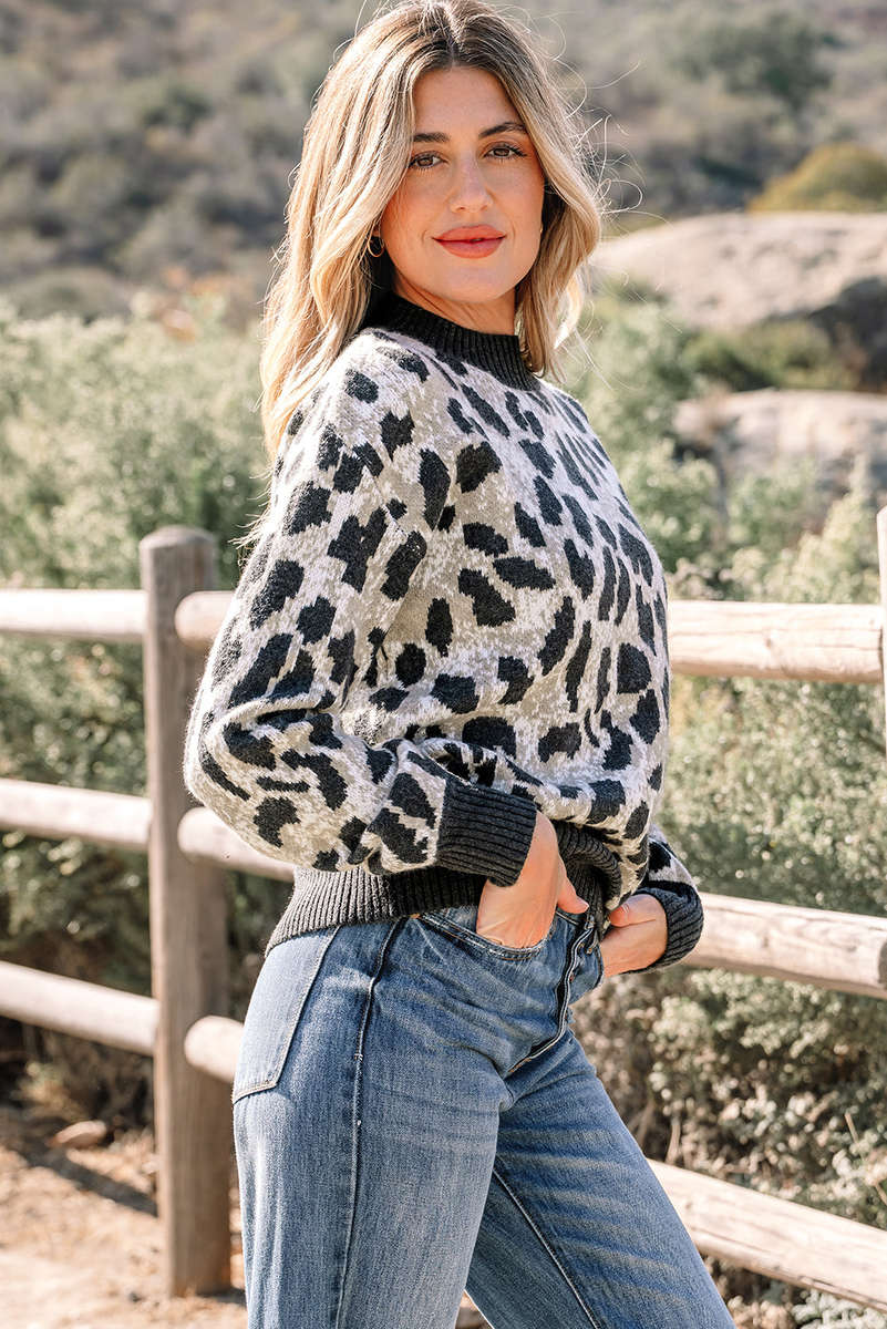 Carbon Grey Leopard Drop Shoulder Baggy Sweater