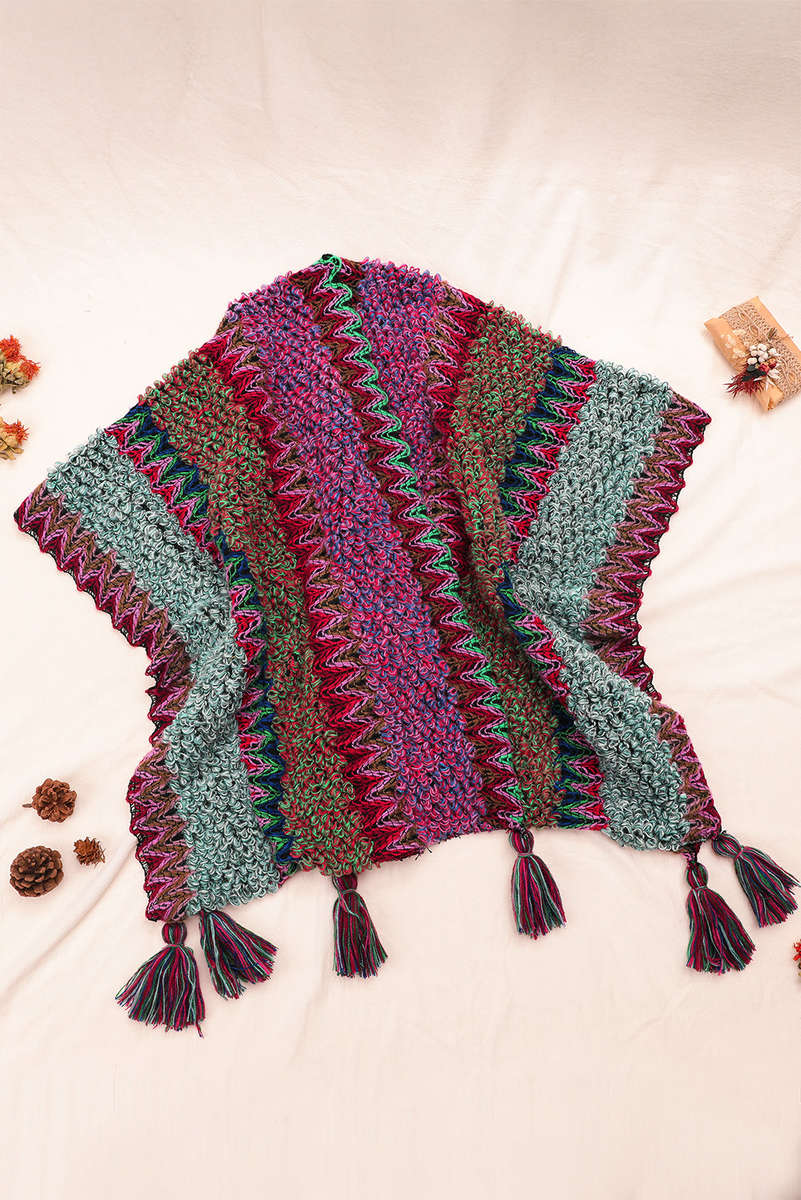 Rose Red Ethnic Knit Shawl Wrap Cape Sweater Thickened Tassel Poncho Cloak