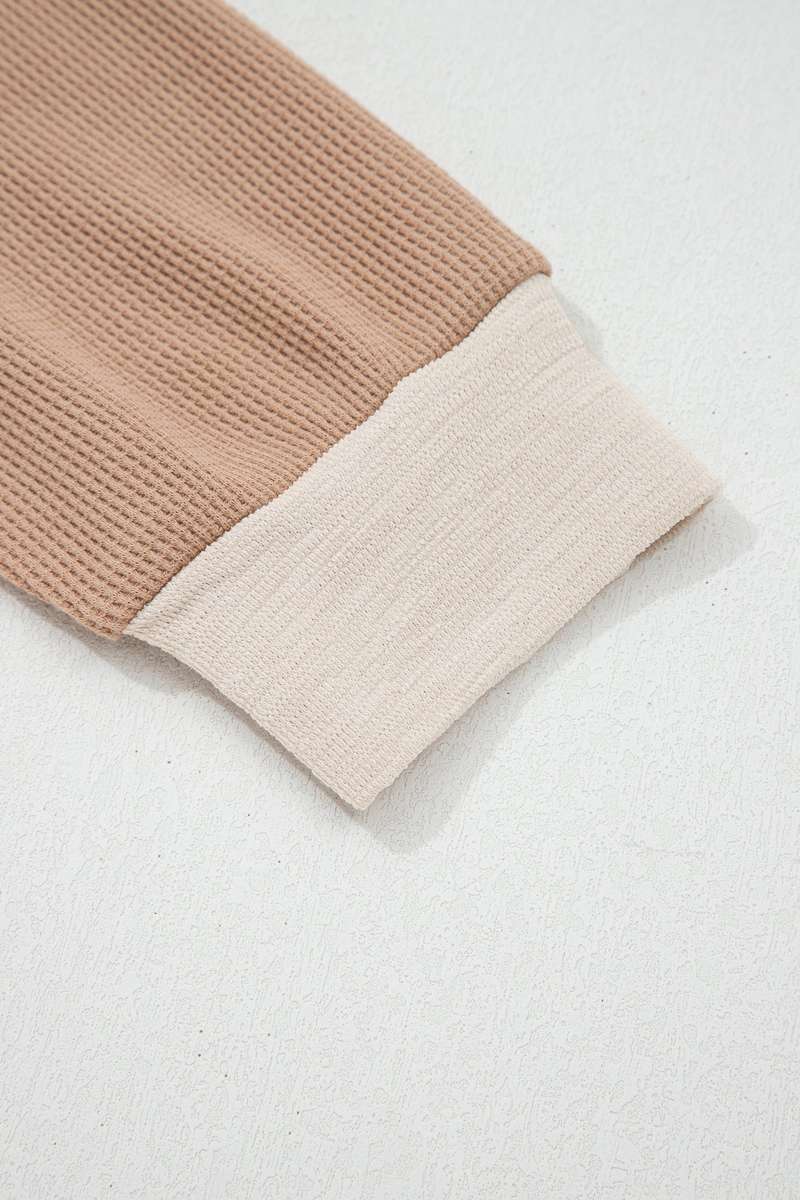 Green Plus Mixed Texture Color Block Patchwork V Neck Long Sleeve Top