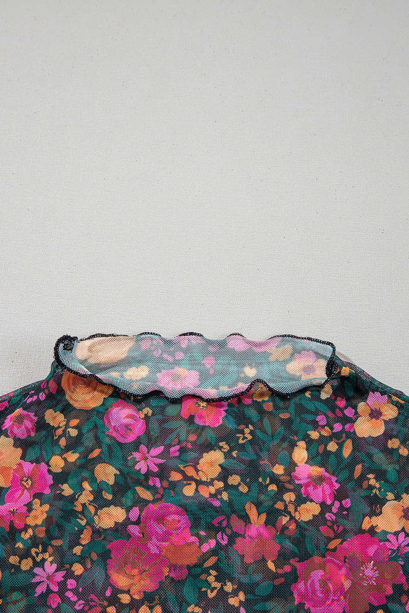 Rose Floral Print Mesh Stand Neck Short Sleeve Top