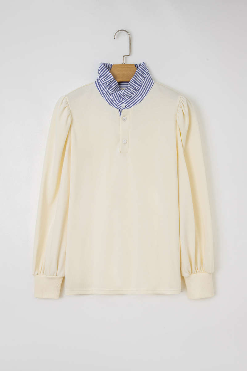 White Button Striped Collar Patchwork Puff Sleeve Sweatshirt