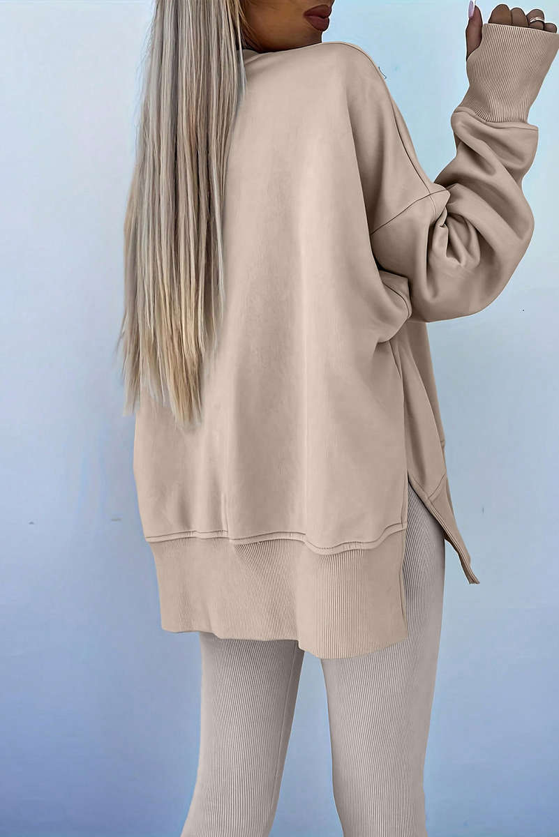 Jet Stream Solid Color Oversize Slit Sweatshirt Ribbed Leggings 2pcs Set