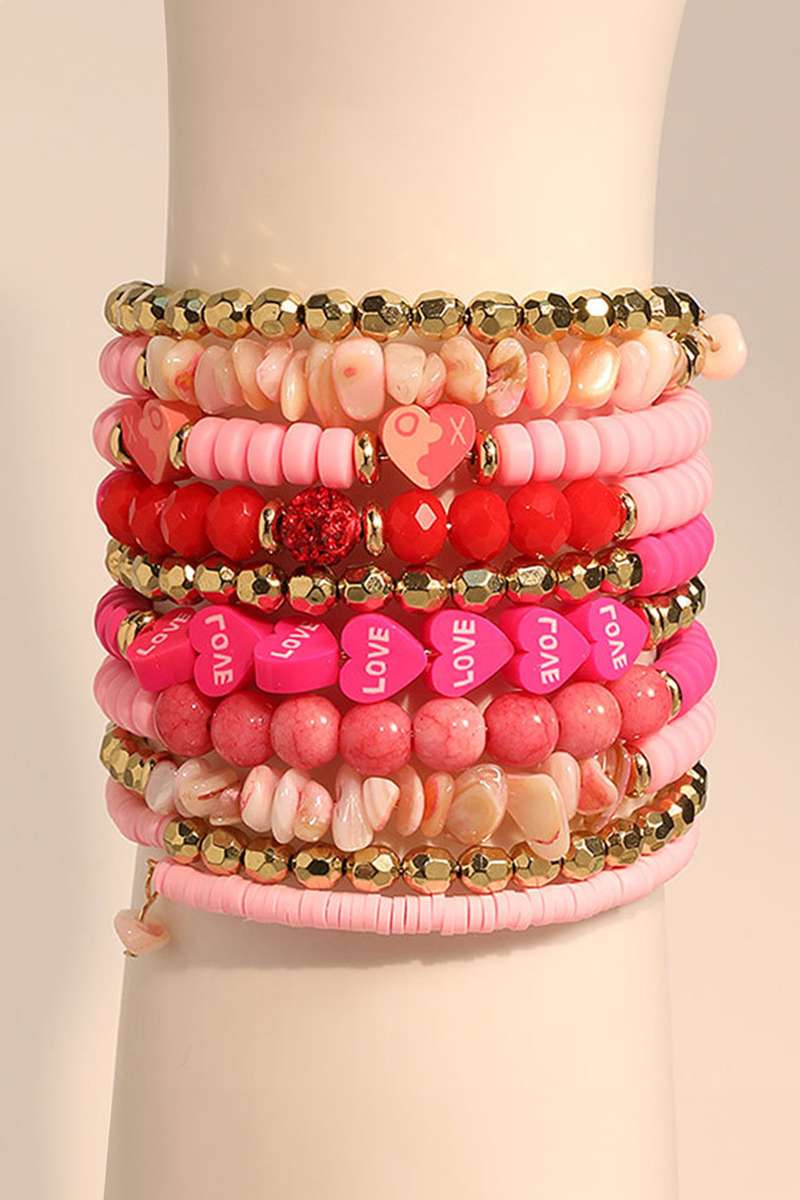 Rose Red 10pcs Polymer Clay Crystal Bead Valentines Heart Multilayer Bracelet Set