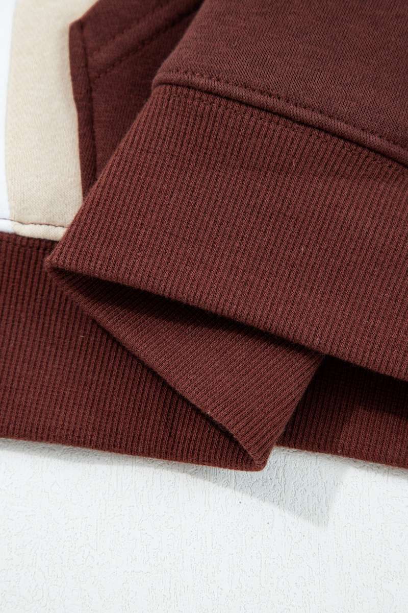 Coffee Color Block Patchwork Athleisure Hooded Sweatshirt