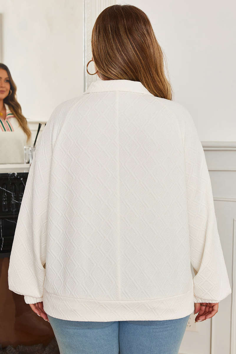 Beige Plus Size Rhombus Texture Contrast Striped Collar Baggy Sweatshirt