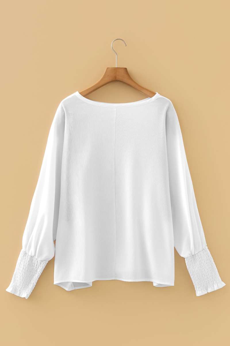 White Smocked Cuffs Semi Sheer Long Sleeve Dolman Blouse