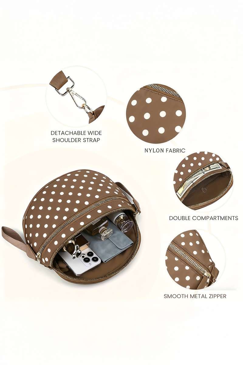 Camel Polka Dot Print Gold Chain Strap Double Zipper Crossbody Bag