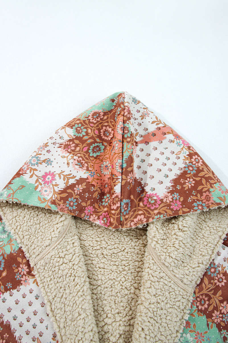 Khaki Vintage Floral Printed Sherpa Lined Hooded Jacket