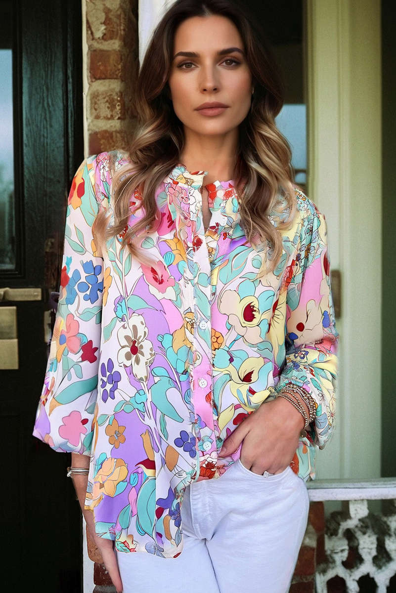 Pink Floral Print Patchwork Frilly Neckline Long Sleeve Shirt