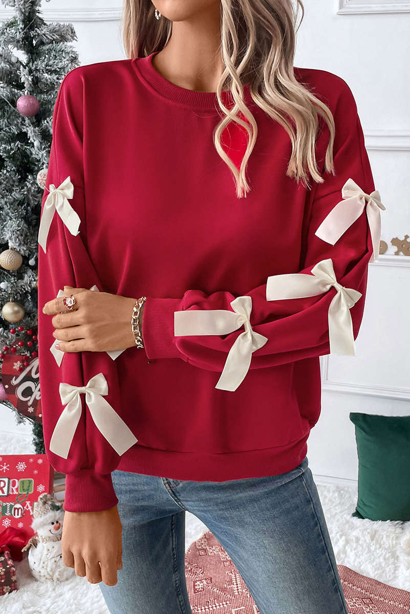Fiery Red Contrast Bow Decor Dropped Sleeve Crewneck Sweatshirt