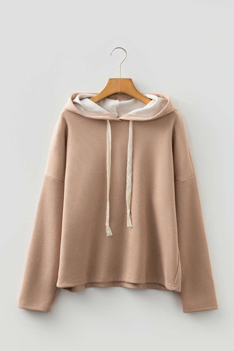 Casual Thermal Textured Lace Drawstring Baggy Hoodie