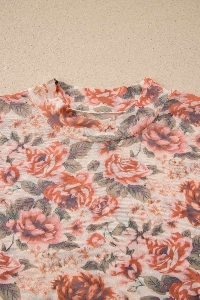 Pink Plus Size Floral Mock Neck Long Sleeve Slim Top