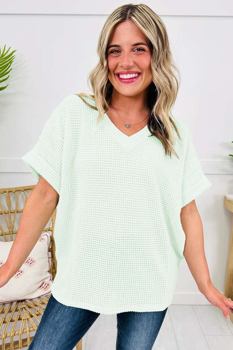 Clearly Aqua Waffle V Neck Short Sleeve Knit Top