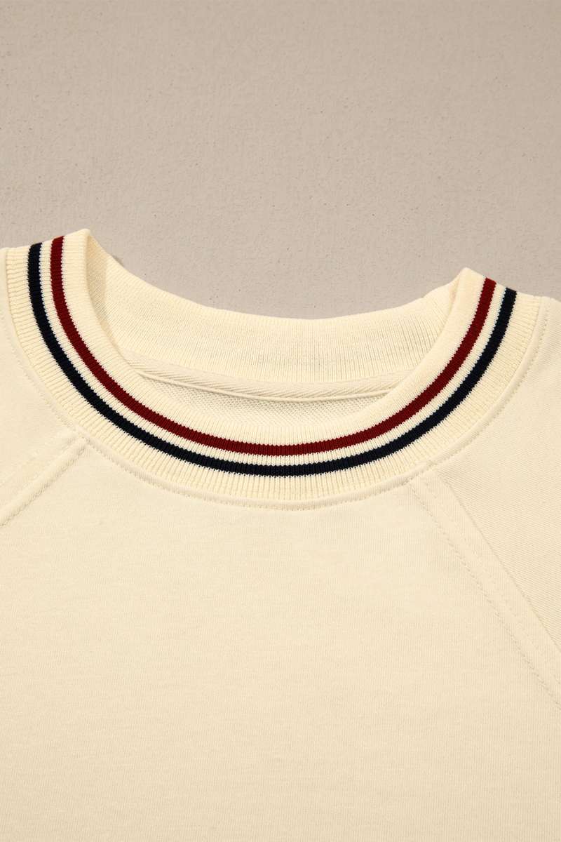 Beige Contrast Varsity Striped Neckline Cuffed Short Sleeve Loose Tunic Top