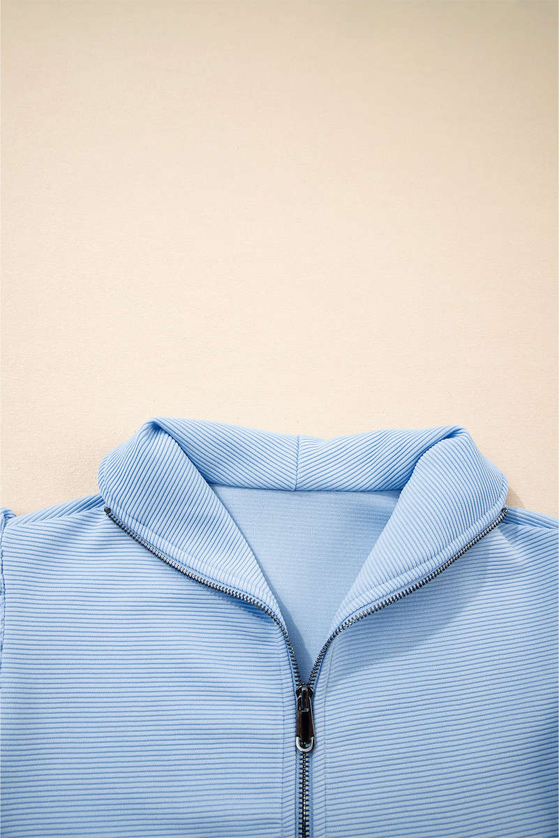 Beau Blue Textured Ruffled Sleeve Zipped Top and Wide Leg Pants Set