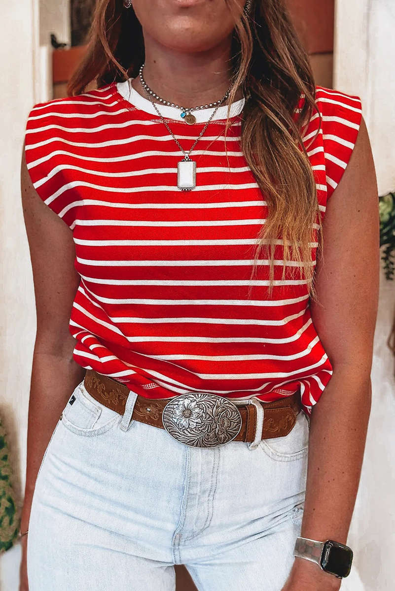 Red Stripe Ribbed Round Neck Trim Loose Tank Top