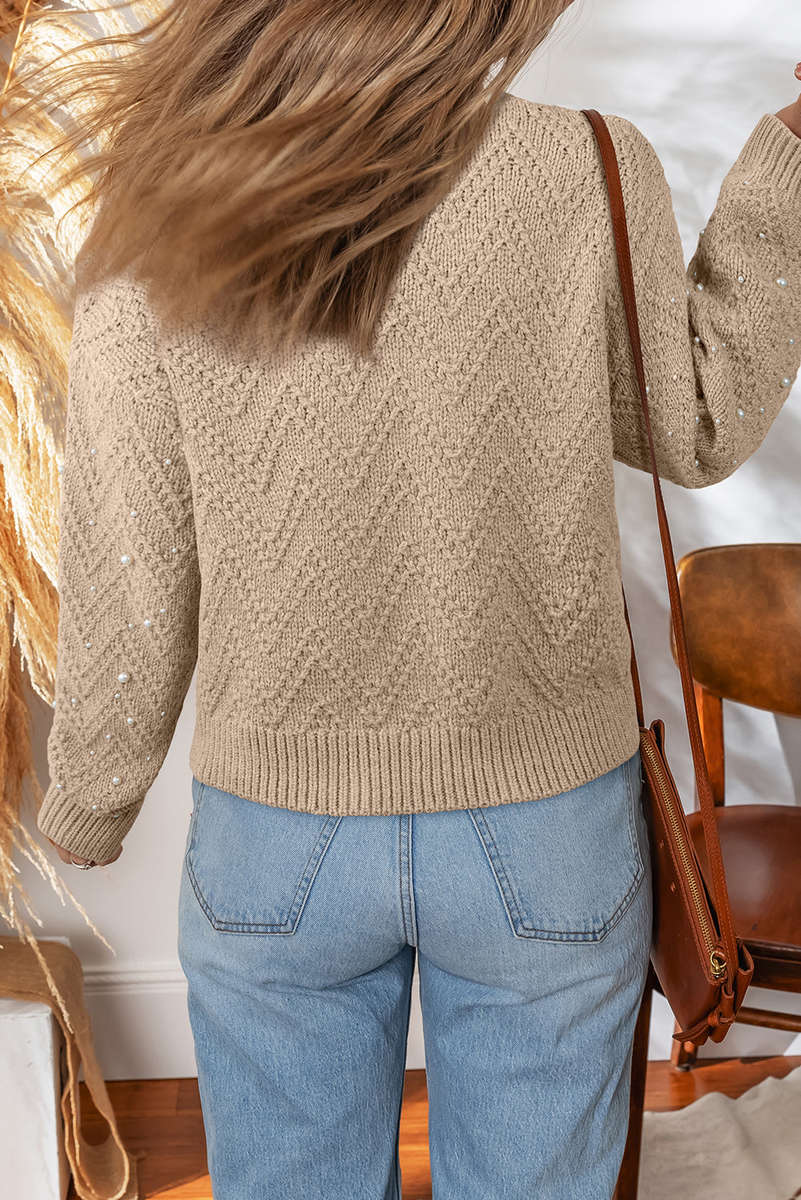 Smoke Gray Pearl Embellished Button Front V Neck Sweater Cardigan