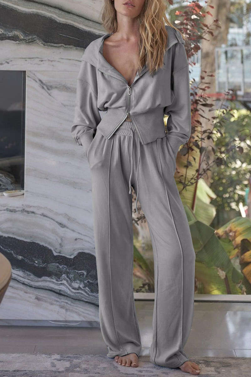Gray Double Zipper Hooded Jacket and Sweatpants Active Set