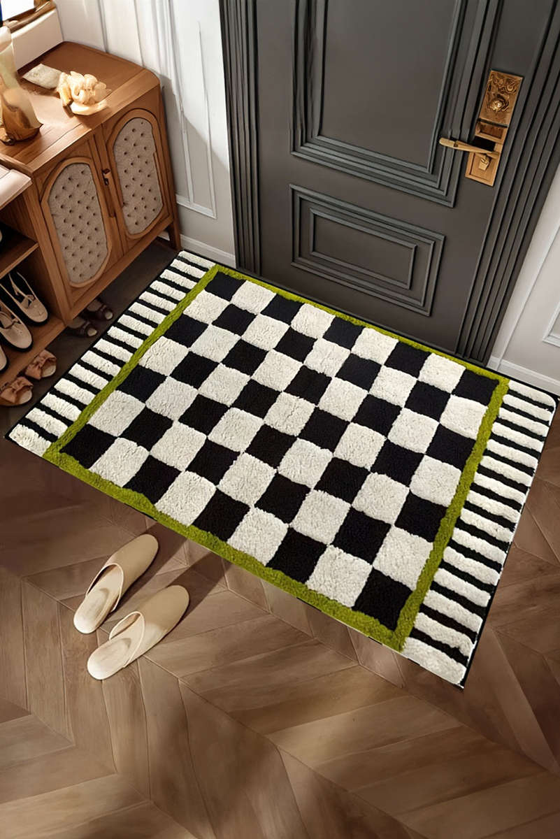 Spinach Green Square Trim Plush Checkered Striped Bath Rug