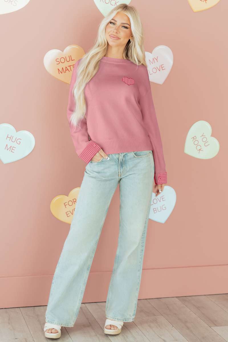 Light Pink Plaid Heart Embroidered Cuffed Drop Shoulder Crew Neck Sweater