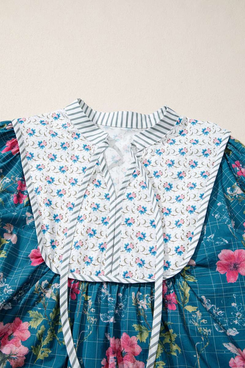 Sky Blue Floral Print Contrast Yoke Patchwork Striped Trim Long Puff Sleeve Blouse