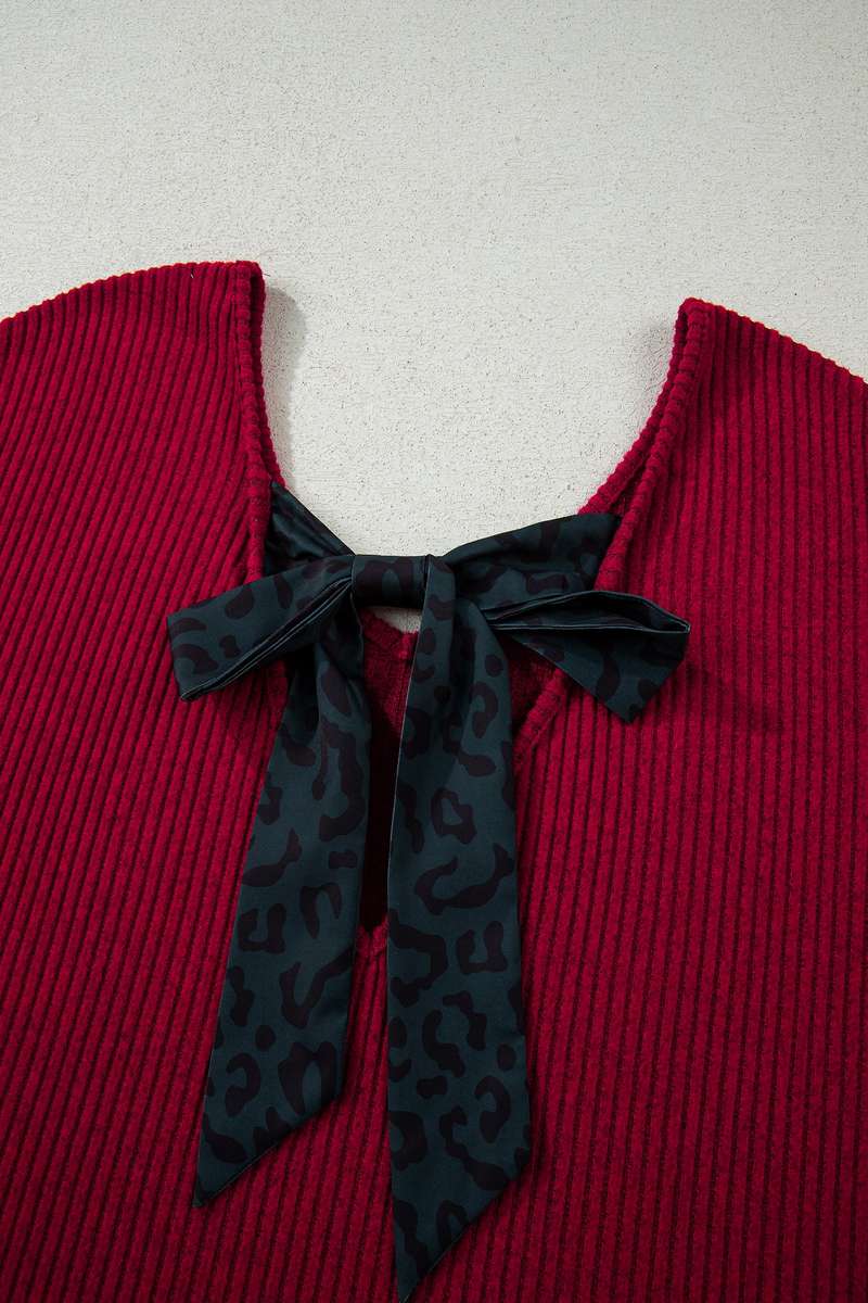 Racing Red Ribbed V Neck Contrast Ribbon Bow Back Drop Shoulder Long Sleeve Top