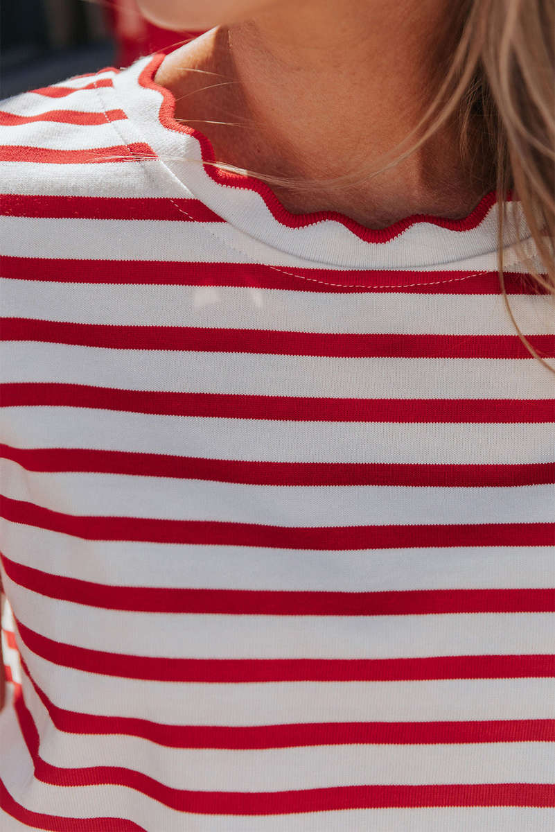 Red Stripe Scalloped Trim Round Neck T Shirt