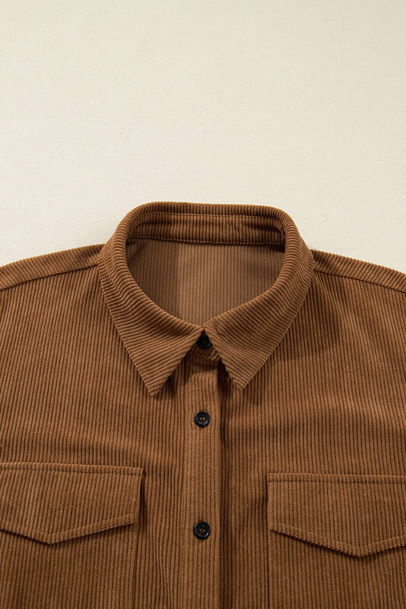 Camel Corduroy Full Buttoned Collared Shirt Style Plus Size Dress