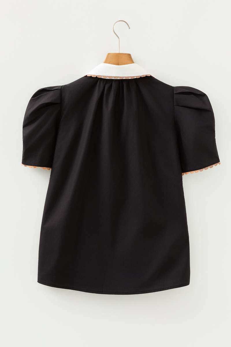 Black Ricrac Trim Color Block Patchwork Shirt Collar Short Sleeve Blouse