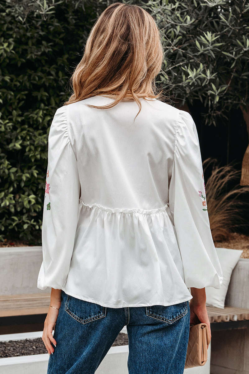 White Flower Lace-up V Neck Babydoll Blouse