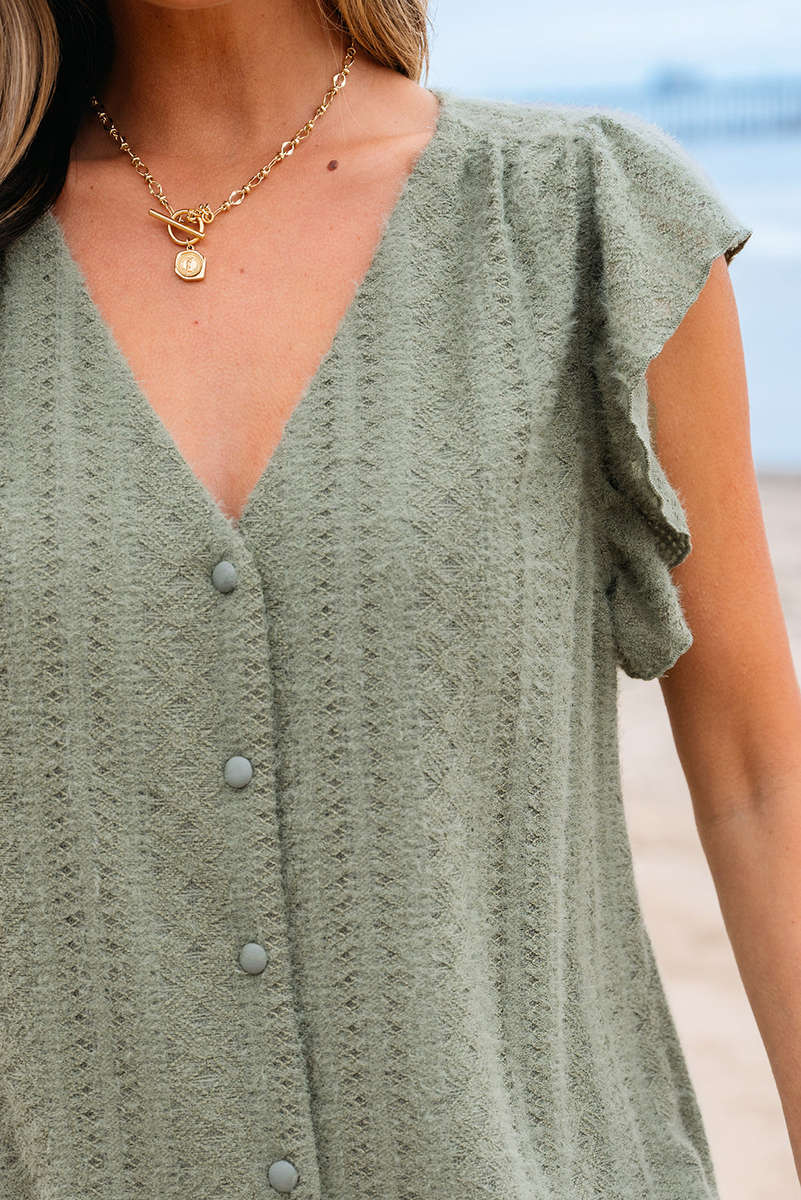 Laurel Green Flutter Sleeve Lace V Neck Shirt