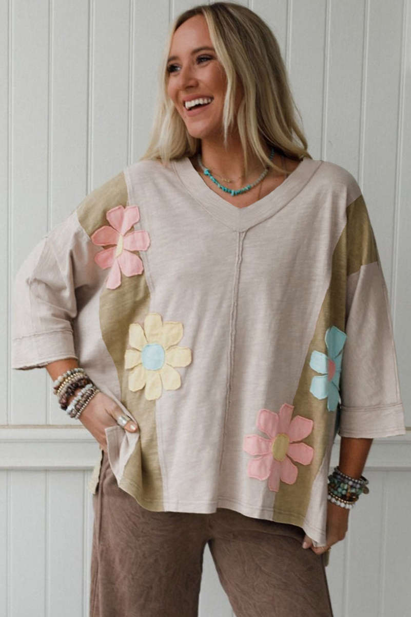 Green Flower Patched Exposed Seam Bracelet Sleeve Oversized T Shirt