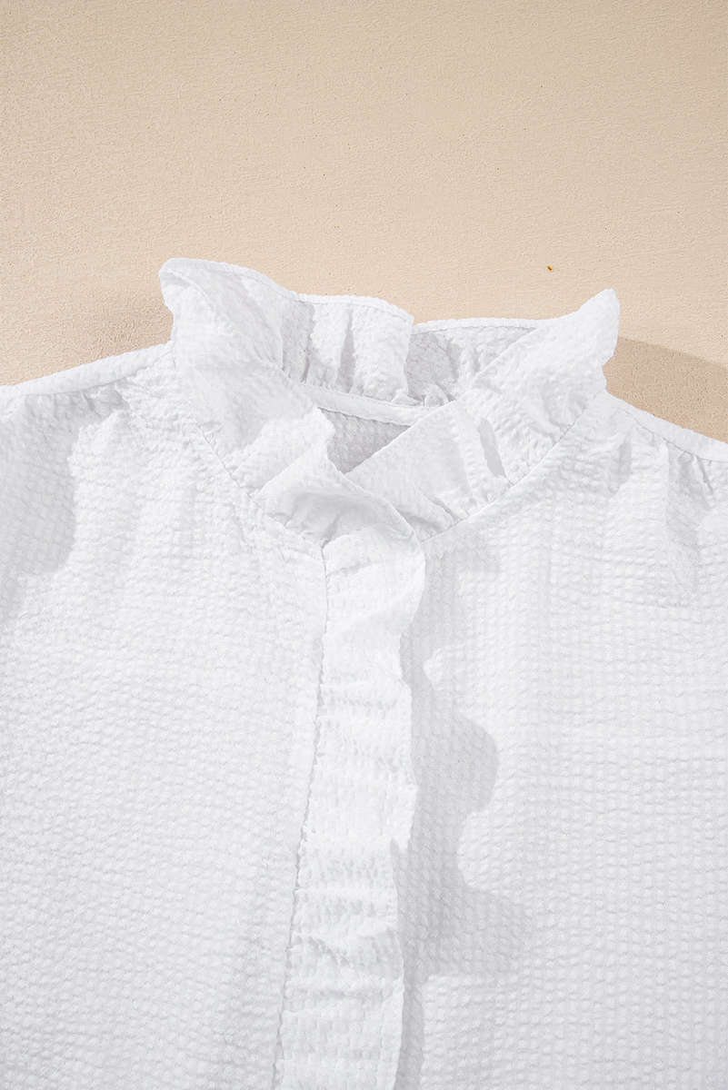 White Striped Ruffle Short Bubble Sleeve Shirt