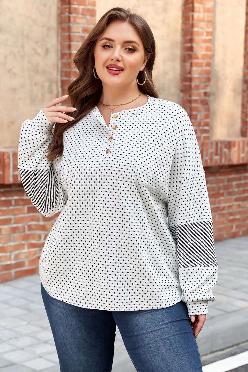 Beige Plus Size Dot Print Striped Patchwork Long Sleeve Henley Top