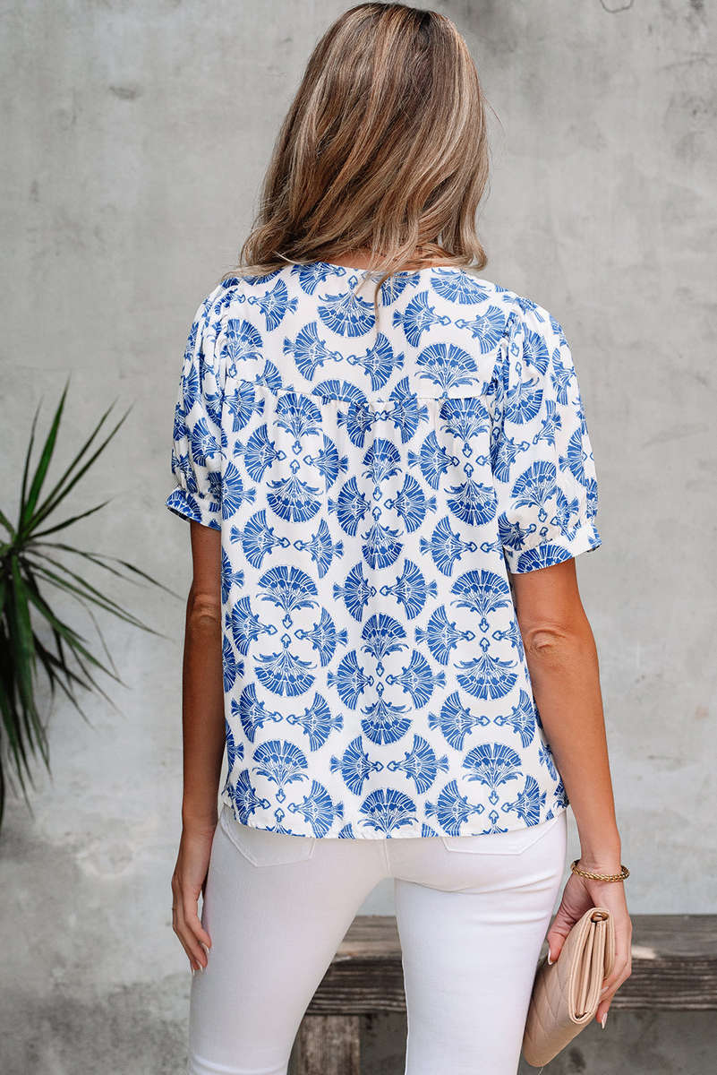 Sky Blue Geometric Print Tassel Drawstring V Neck Blouse