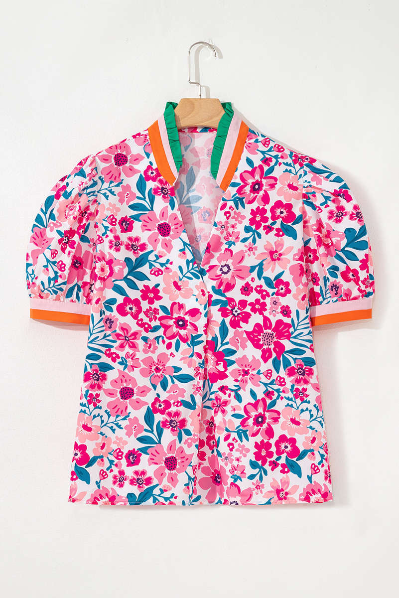 Pink Floral Print Contrast Striped Detail Short Sleeve Blouse